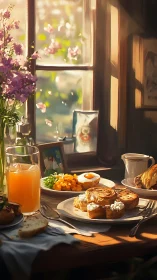 Sunlit rustic breakfast table with flowers and window bokeh