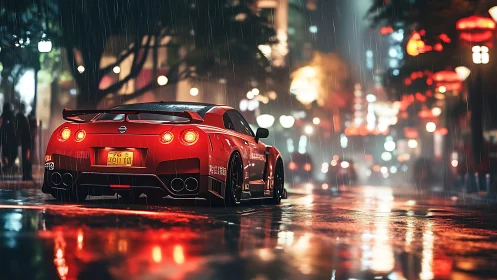 Rain-soaked red sports car glows warmly in neon city night