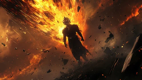 Flaming dark warrior strides through erupting inferno