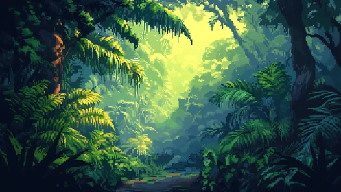 Pixelated Jungle Clearing with Golden Light