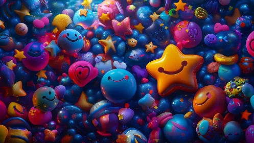 Colorful smiling spheres and stars in dense playful field.