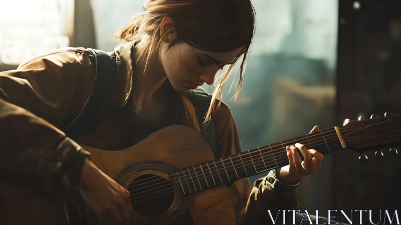 Young guitarist studies acoustic chords in soft window light