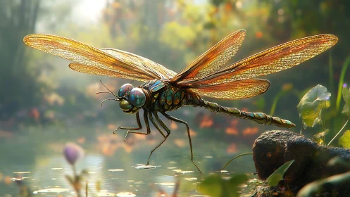 Dragonfly hovers over reflective pond in soft backlight