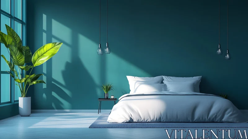 Minimalist teal bedroom with soft natural daylight.