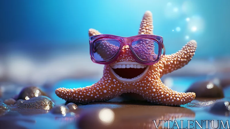 Smiling starfish in sunglasses enjoying a bright beach day.
