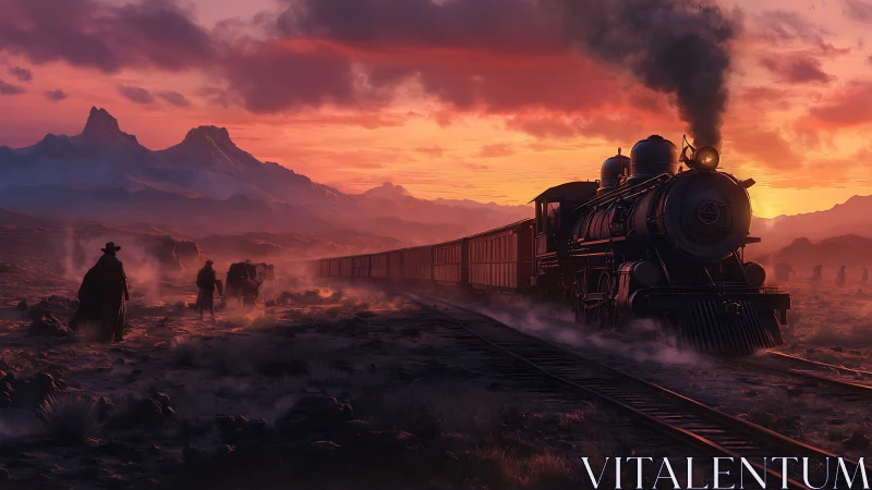 Steam locomotive approaches western camp at vivid sunset