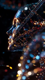 Holographic cybernetic face dissolves into luminous bokeh code