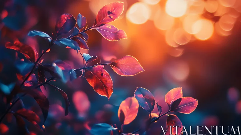 Sunlit rose leaves glow against dreamy neon twilight bokeh