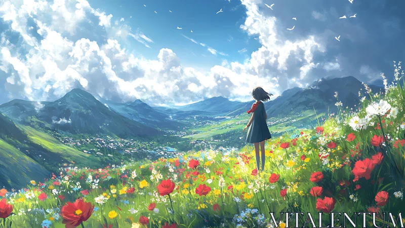 Girl observing valley from flowered hillside under clouds.