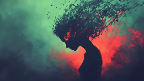 Silhouette with flaming hair dissolving into abstract sky.