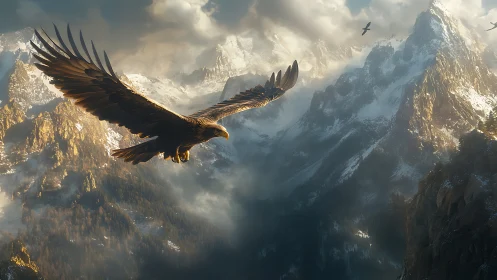 Majestic eagle soaring over dramatic snowy mountain landscape.