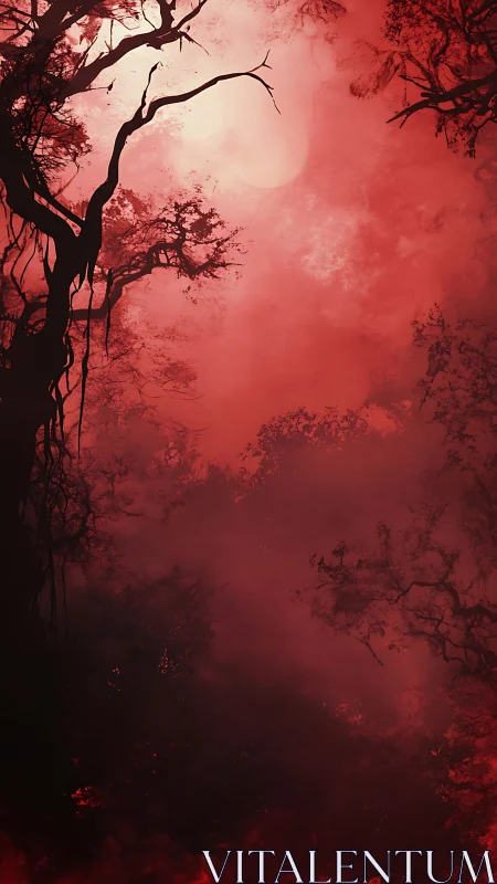 Blood-red forest wraps twisted silhouettes around hazy moon