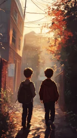 Two friends wandering home through a glowing autumn alley.