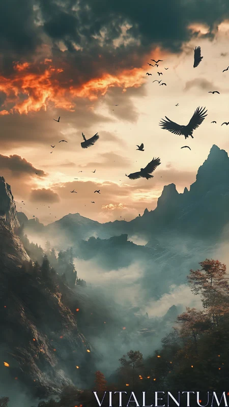 Soaring birds cross misty mountain valley at burning dusk