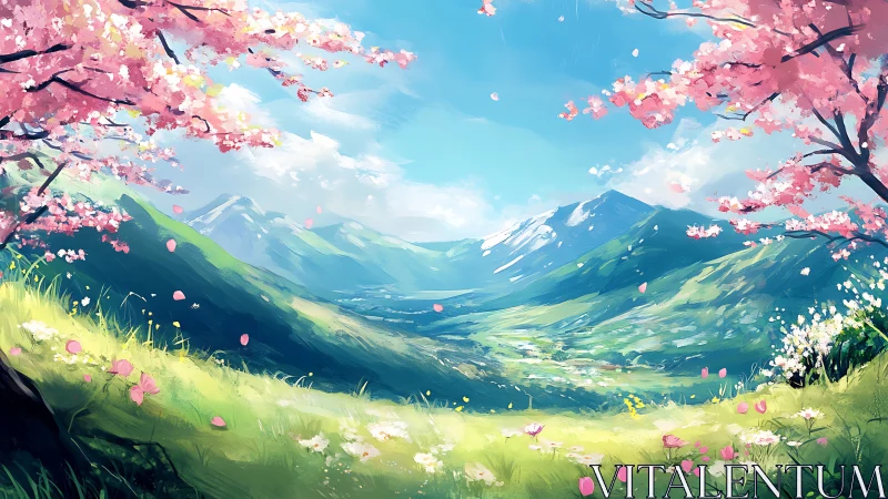 Cherry trees framing distant mountains under clear sky.