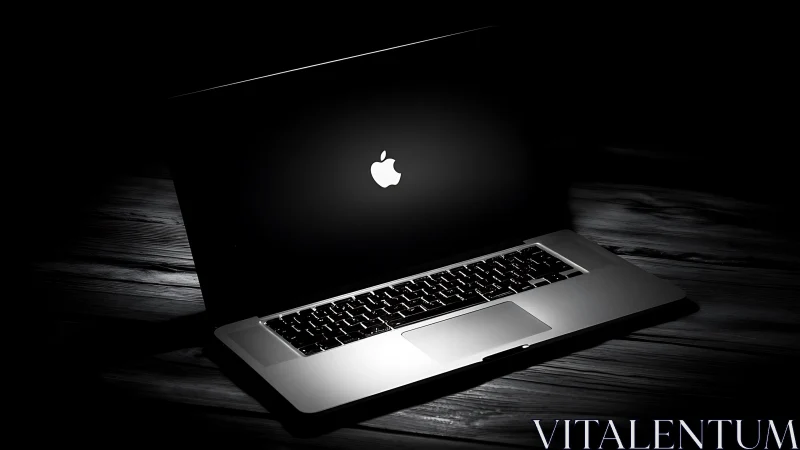 Apple laptop in low key light on wooden desk surface.