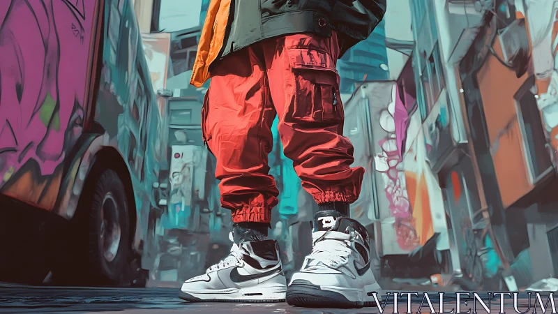 Urban sneakers and red cargo pants in graffiti alleyway.