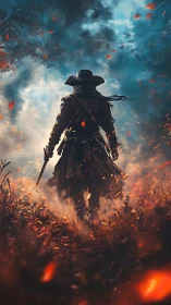 Lone cloaked warrior walking through burning battlefield.