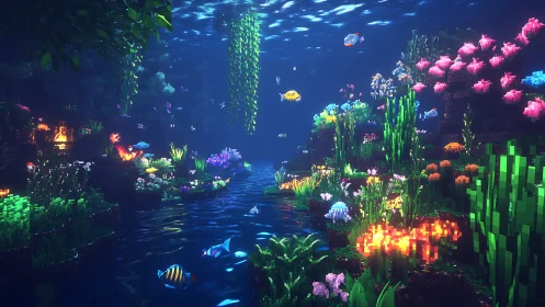 Colorful voxel coral reef with pixelated tropical fish.