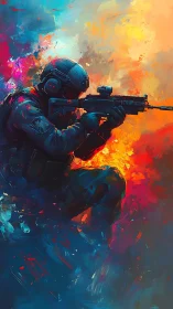 Armed tactical figure in kneeling pose amid color field.