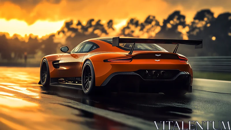 Aerodynamic orange GT race car on wet track at sunset