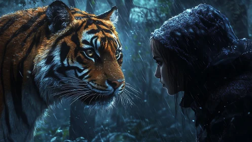 Rain-soaked standoff between hooded girl and silent tiger.