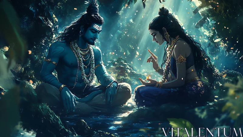 Forest-lit divine lovers sharing secrets by sacred stream.