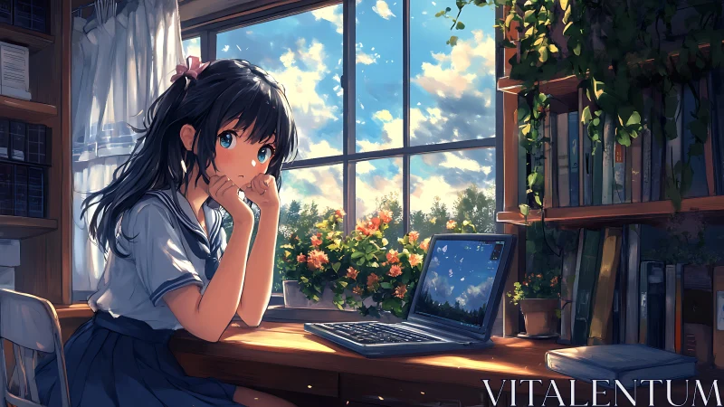 Anime study interior with laptop and luminous garden window.