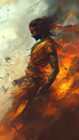 Warrior in orange robes dissolves into swirling fire