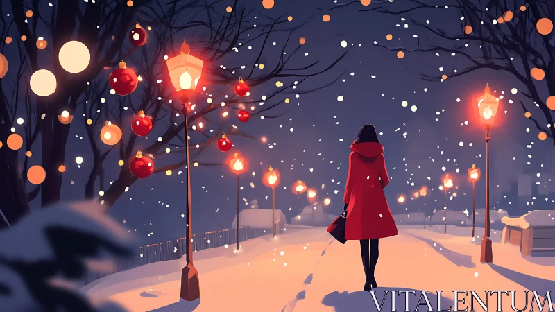 Woman in red coat walking through snowy lit winter path.