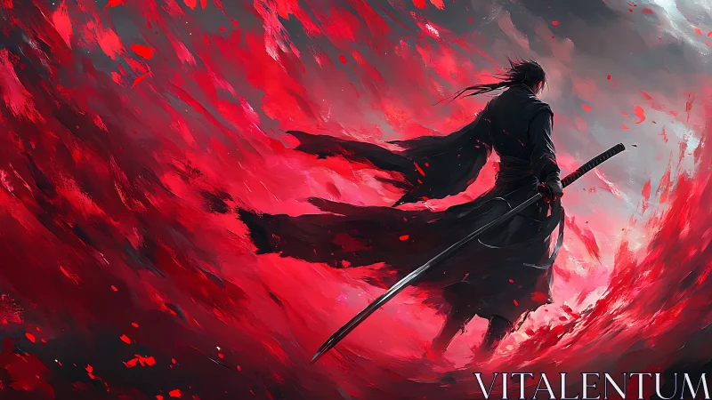 Lone dark swordsman stands in swirling red storm.