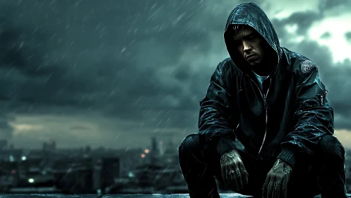 Brooding hooded loner crouches in rain over stormy city.