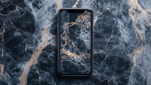 Smartphone display camouflaged against veined marble surface.