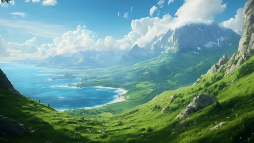 Alpine Valley Coastal Panorama with Snow-Capped Peaks.