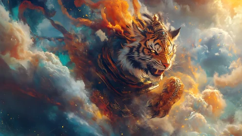 Storm-clad celestial tiger pounces through burning clouds.