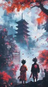 Two young warriors gaze toward a misty crimson temple