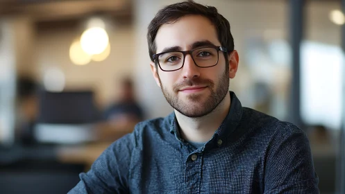 Photorealistic corporate headshot in modern office setting.