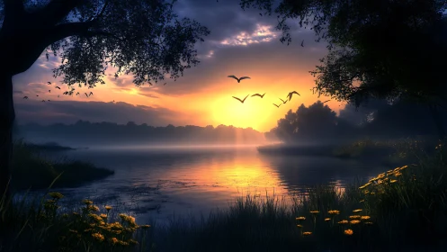 Twilight lake blossoms and winged silhouettes in golden hush.