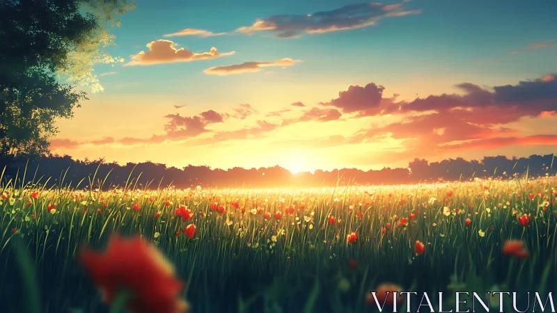 Sunrise confetti over wildflower meadow in gentle bloom.