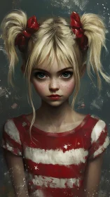Blonde girl with pigtails stares forward in striped shirt