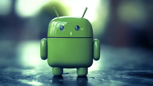 Shiny green robot mascot waiting on a blurred city table.