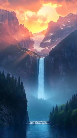 Sunlit alpine waterfall descends through misty glacier pass