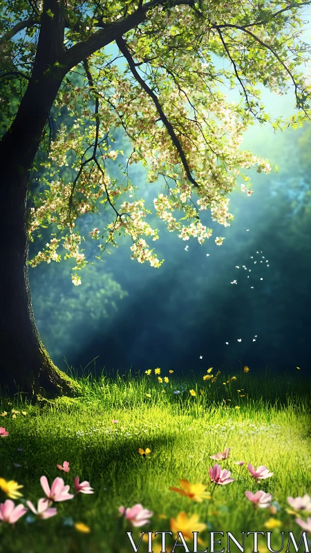 Sunlit blossom tree over wildflower meadow in spring glow.