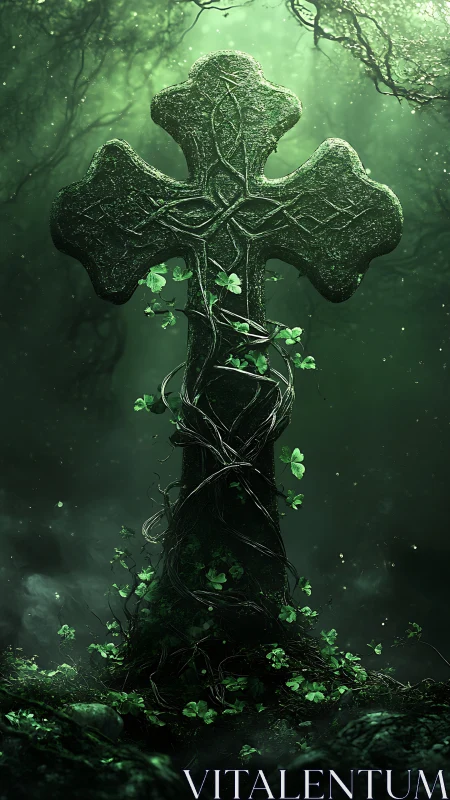 Emerald grave cross entwined by secretive woodland vines.