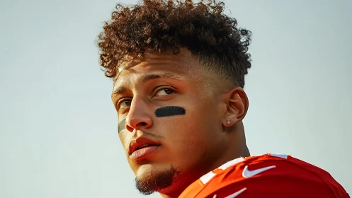Focused football player gazes back under warm stadium light