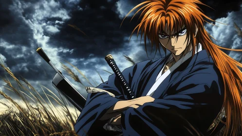 Resolute red haired samurai standing beneath stormy skies.