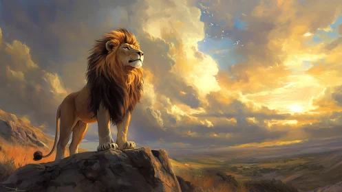 Majestic lion overlooking golden savanna at sunrise.