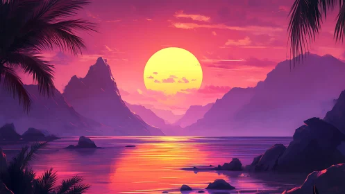 Sunset over tropical bay with mountains and calm water.