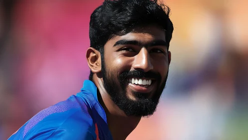 Smiling cricket athlete in blue jersey under soft stadium light