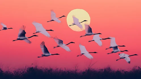 Migrating cranes in flight against vivid sunset sky.
